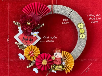 Vòng treo cửa Tết vải bố quạt xếp Mèo Thần Tài [2 Kiểu] ĐK 35cm VTC-T-48